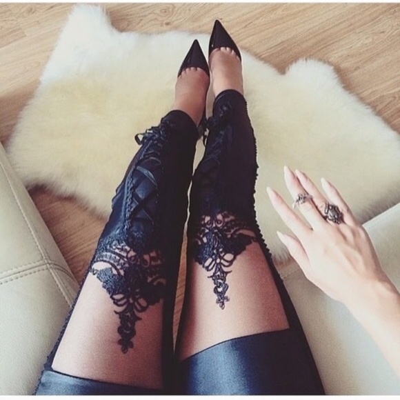 1 LEFT!!! Faux Leather & Lace Leggins - Picture 3 of 8